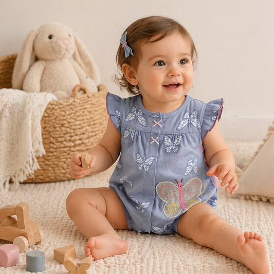 A toddler girl wearing a dusty blue butterfly romper, sitting in a soft pastel nursery setting, natural light, cozy play area with wooden toys and plush toys, soft neutral background, warm tones, high-end baby clothing photography, clean and minimal style, realistic, studio quality