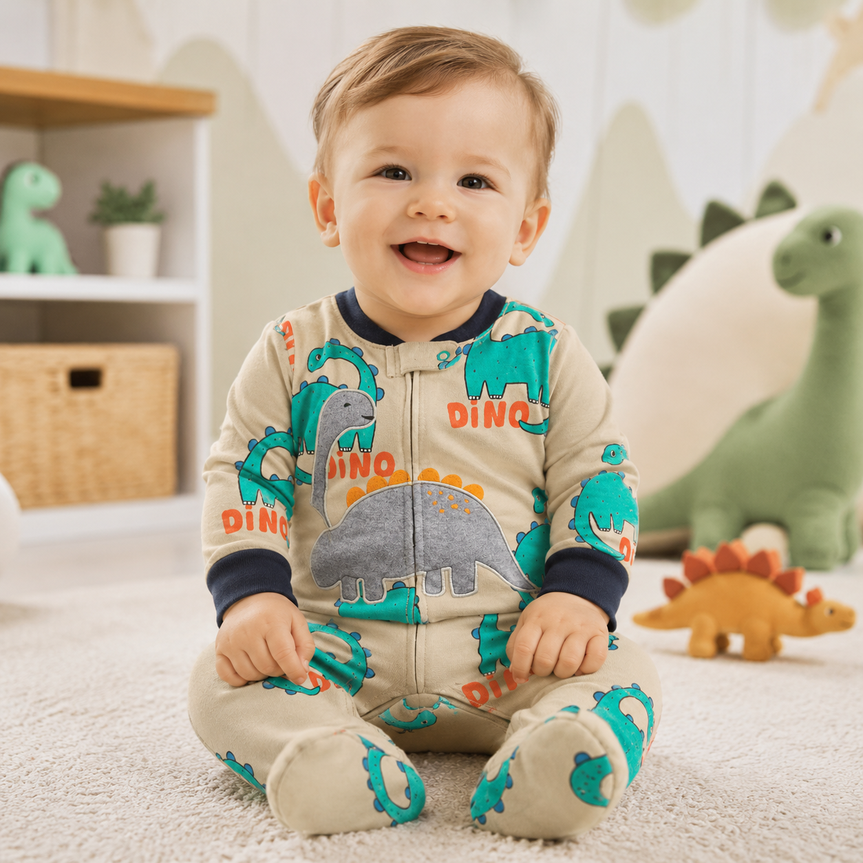 The baby will wear the exact dinosaur sleeper with matching print, colours, zipper, cuffs, and appliqué in a premium dinosaur-themed nursery scene.