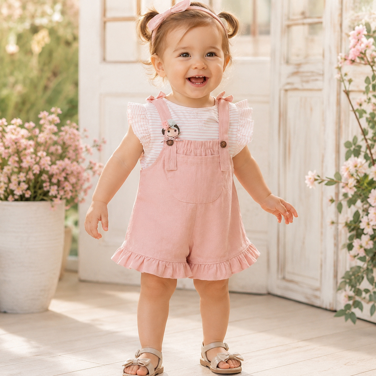 A toddler girl stands smiling in a sunlit indoor garden setting, wearing pink overall with a ruffled hem and shoulder straps, a white-and-pink striped short-sleeve top, and tan sandals.