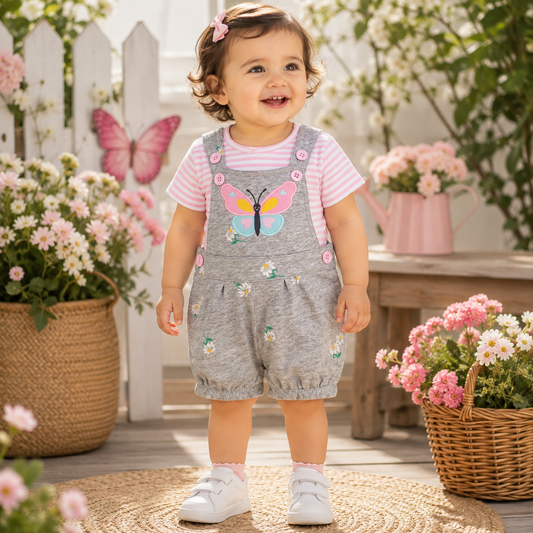 Toddler wearing a pink striped T-shirt and grey floral butterfly shortall in a softly styled garden setting from Lullaby Threads.