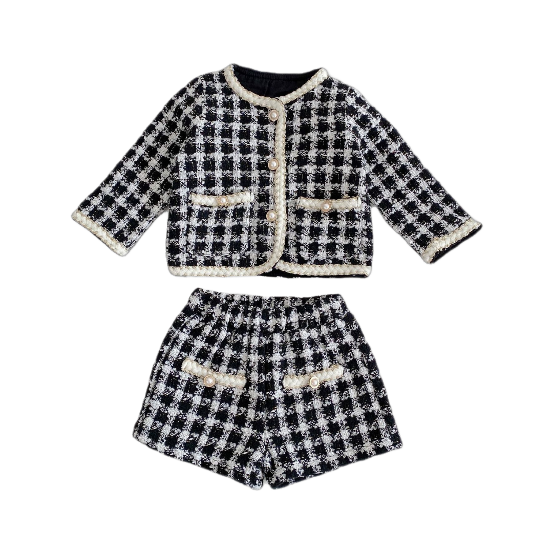Checkered Tweed Jacket & Shorts Set - Black & White