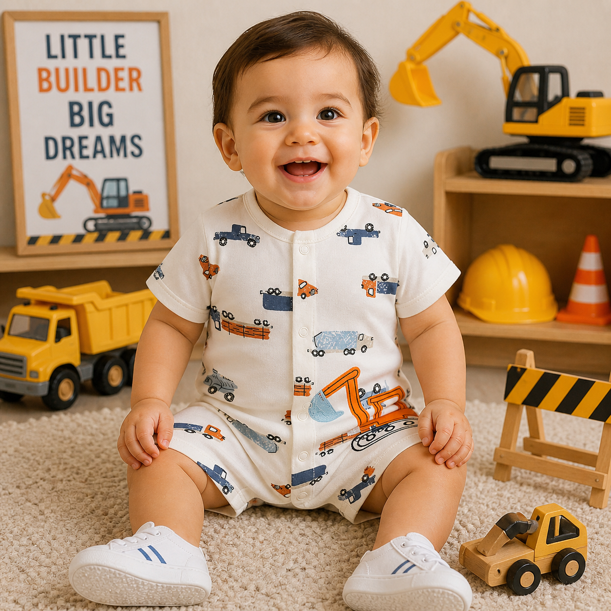 Baby wearing a cream construction trucks romper from Lullaby Threads, sitting in a playful builder-themed room with toy trucks, diggers, and soft decor.