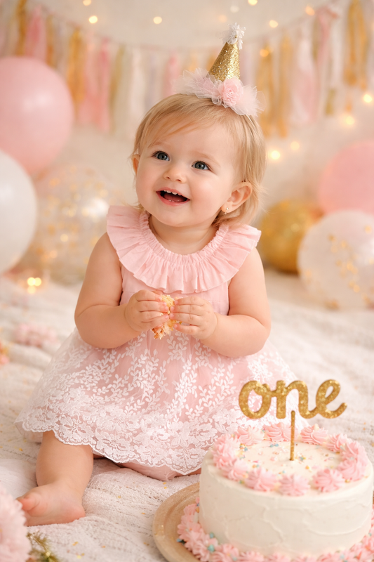 baby Girl wearing Lullaby Threads
Floral Lace Baby Romper Dress - Pink and is celebrating her birthday party
