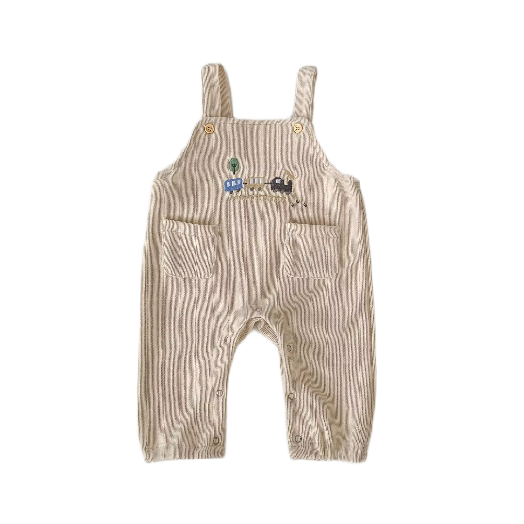 Embroidered Train Design Sleeveless Jumpsuit – Beige