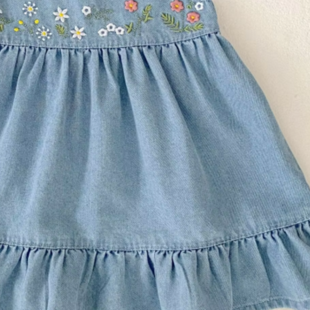 Floral Embroidery & Ruffle Trim Denim Dress - Blue