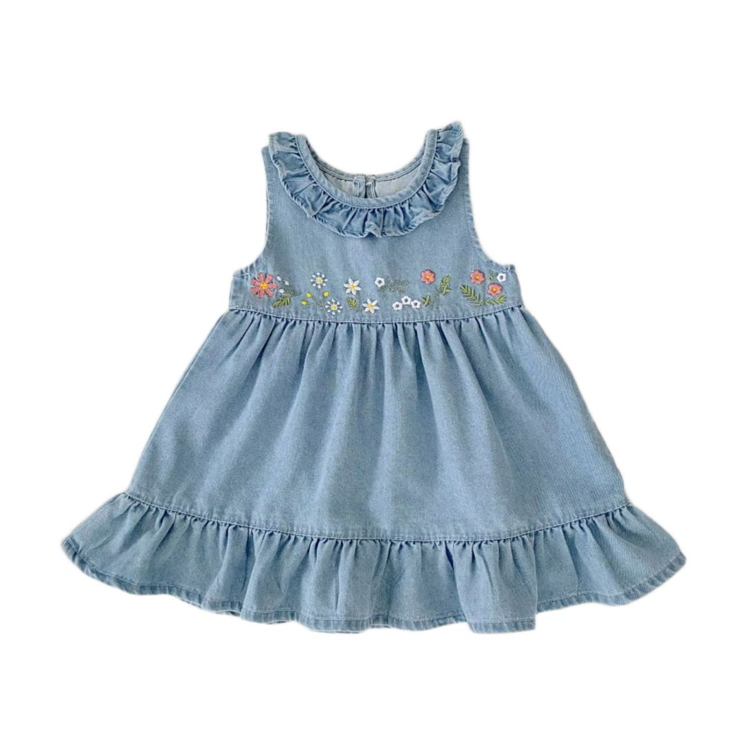 Floral Embroidery & Ruffle Trim Denim Dress - Blue