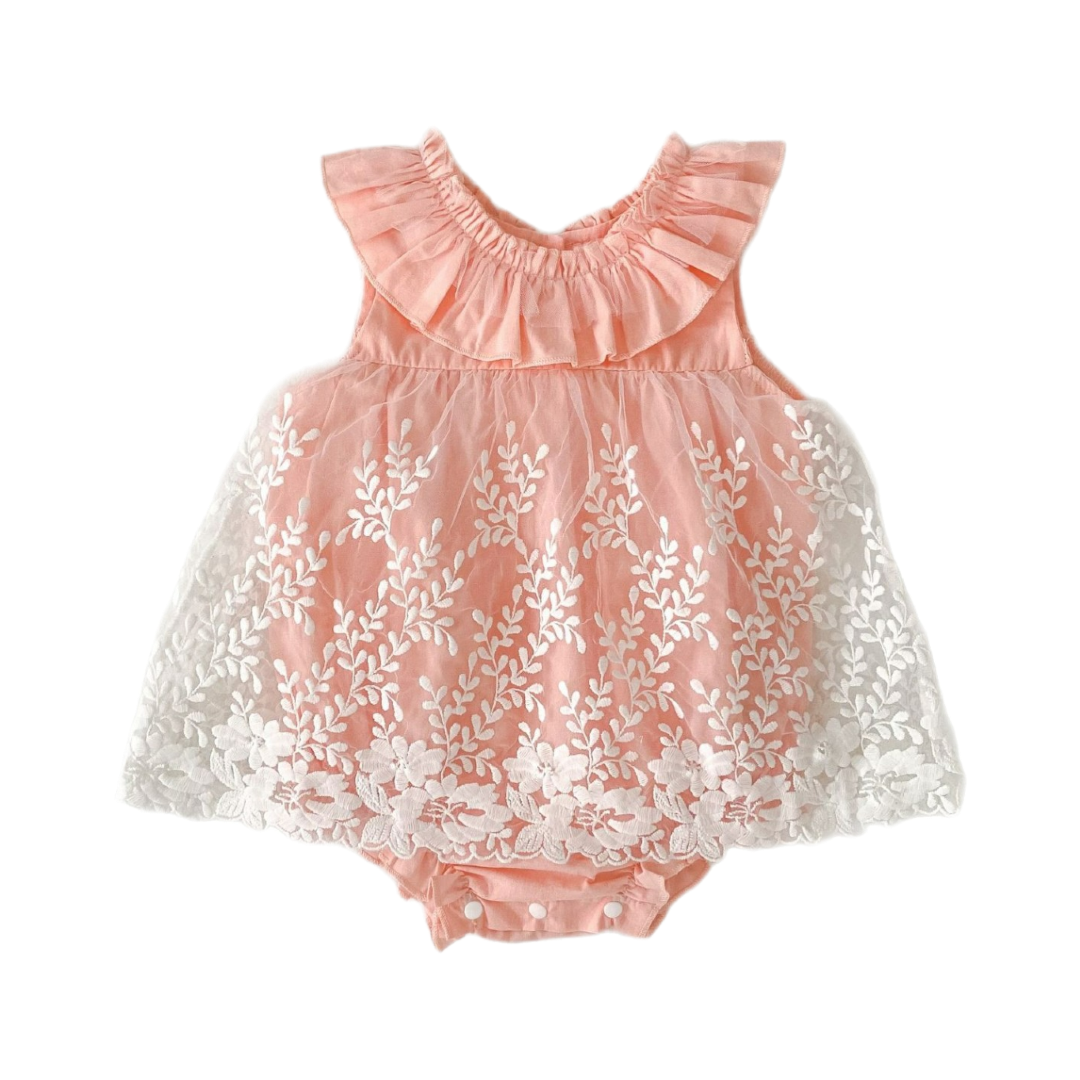 Floral Lace Romper Dress - Pink