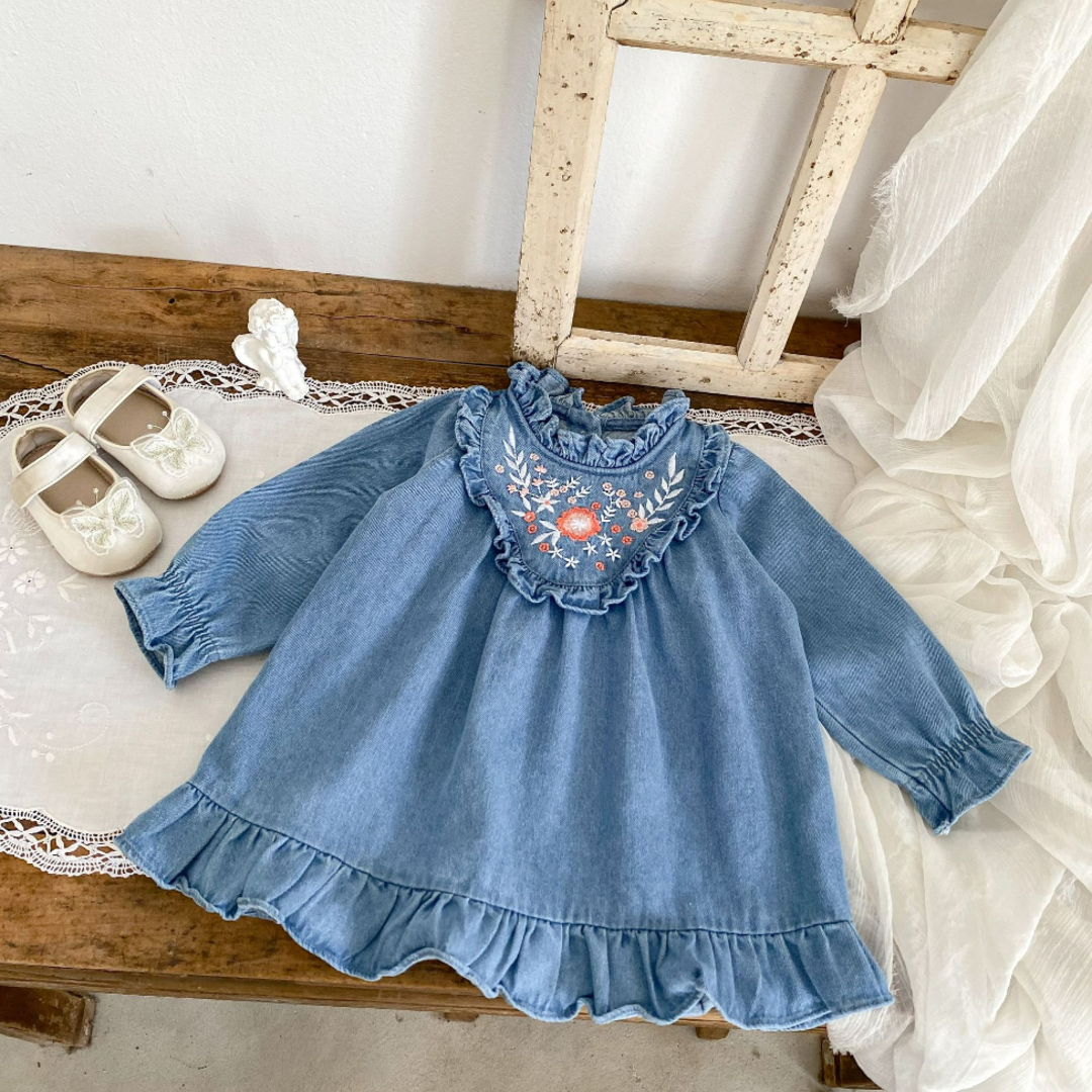 Floral Ruffle Denim Dress - Blue