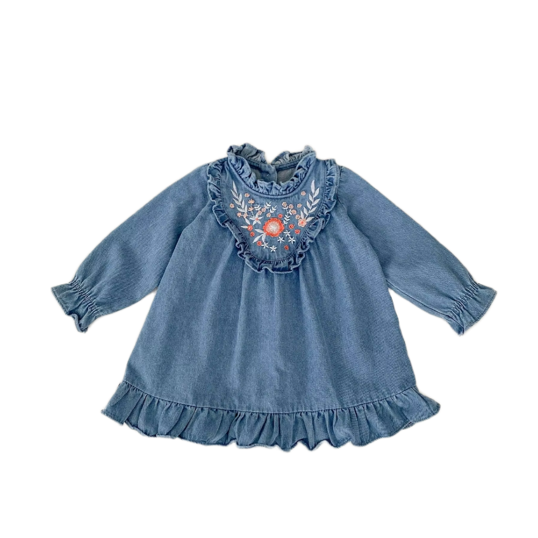 Floral Ruffle Denim Dress - Blue