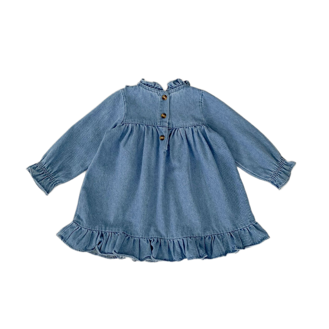 Floral Ruffle Denim Dress - Blue