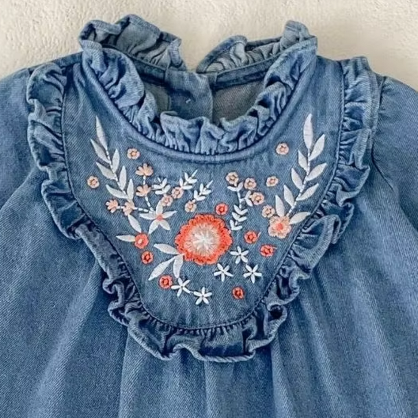 Floral Ruffle Denim Dress - Blue