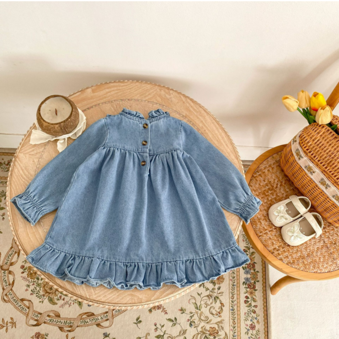 Floral Ruffle Denim Dress - Blue