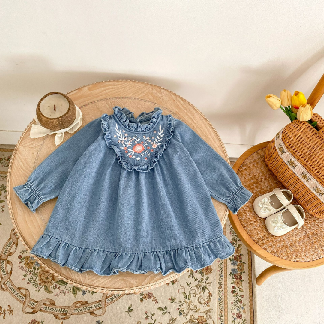Floral Ruffle Denim Dress - Blue