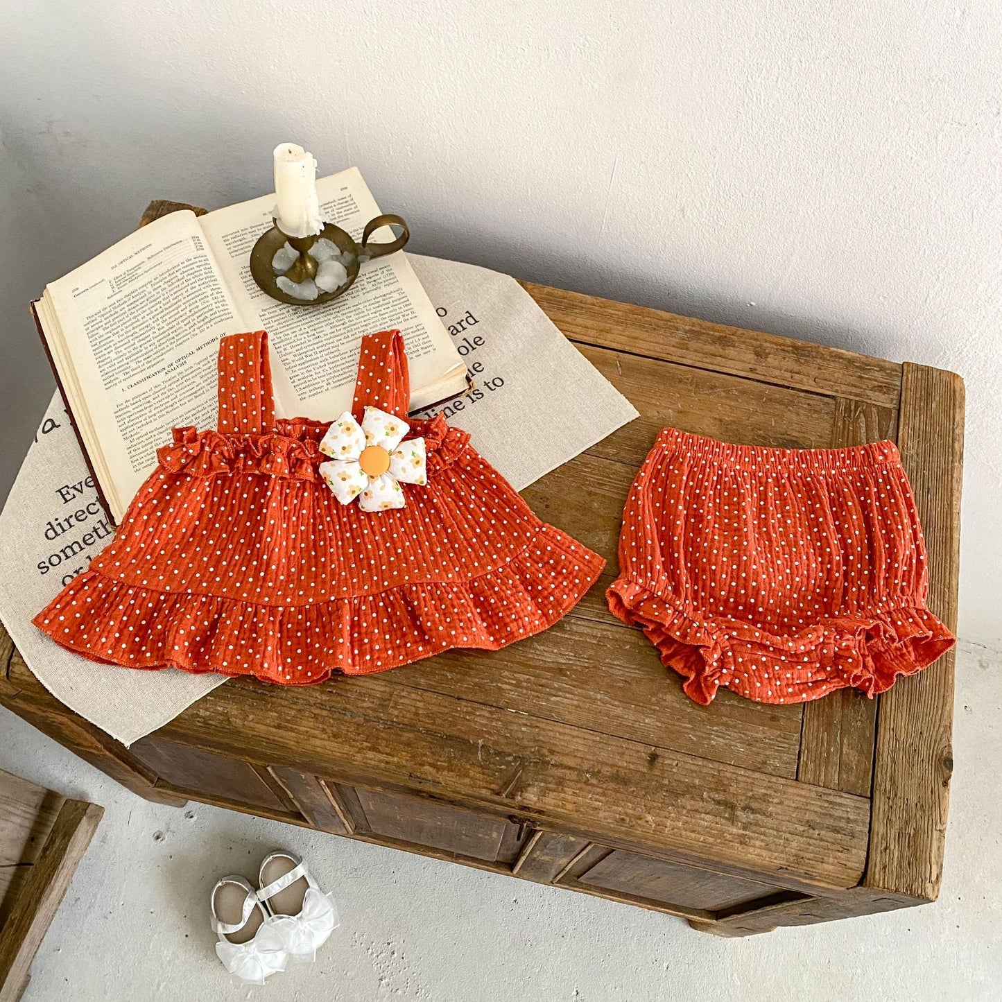Polka Dot Ruffle Top & Bloomer Set with Bow - Red