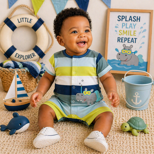 Baby boy wearing a multi stripe hippo romper sitting in a bright water-themed play setup with toys and soft decor.