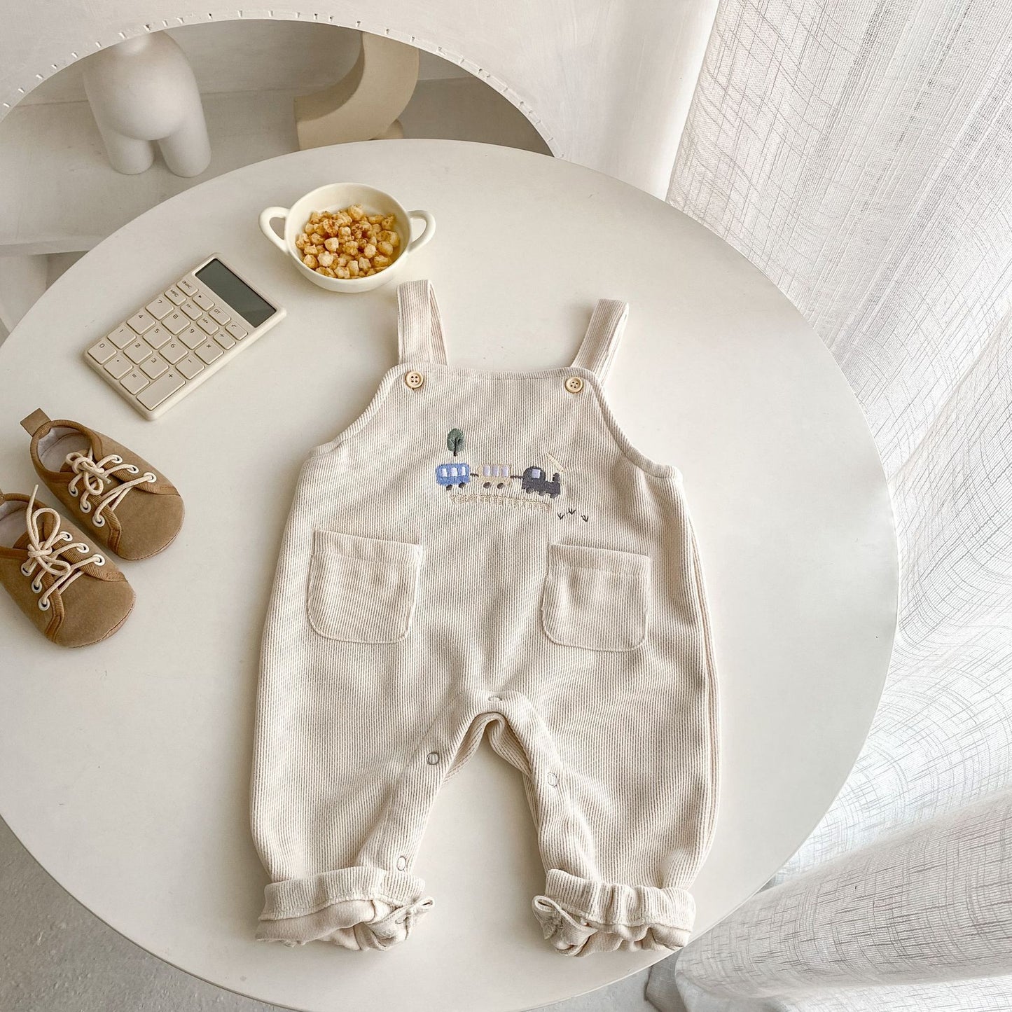 Embroidered Train Design Sleeveless Jumpsuit – Beige