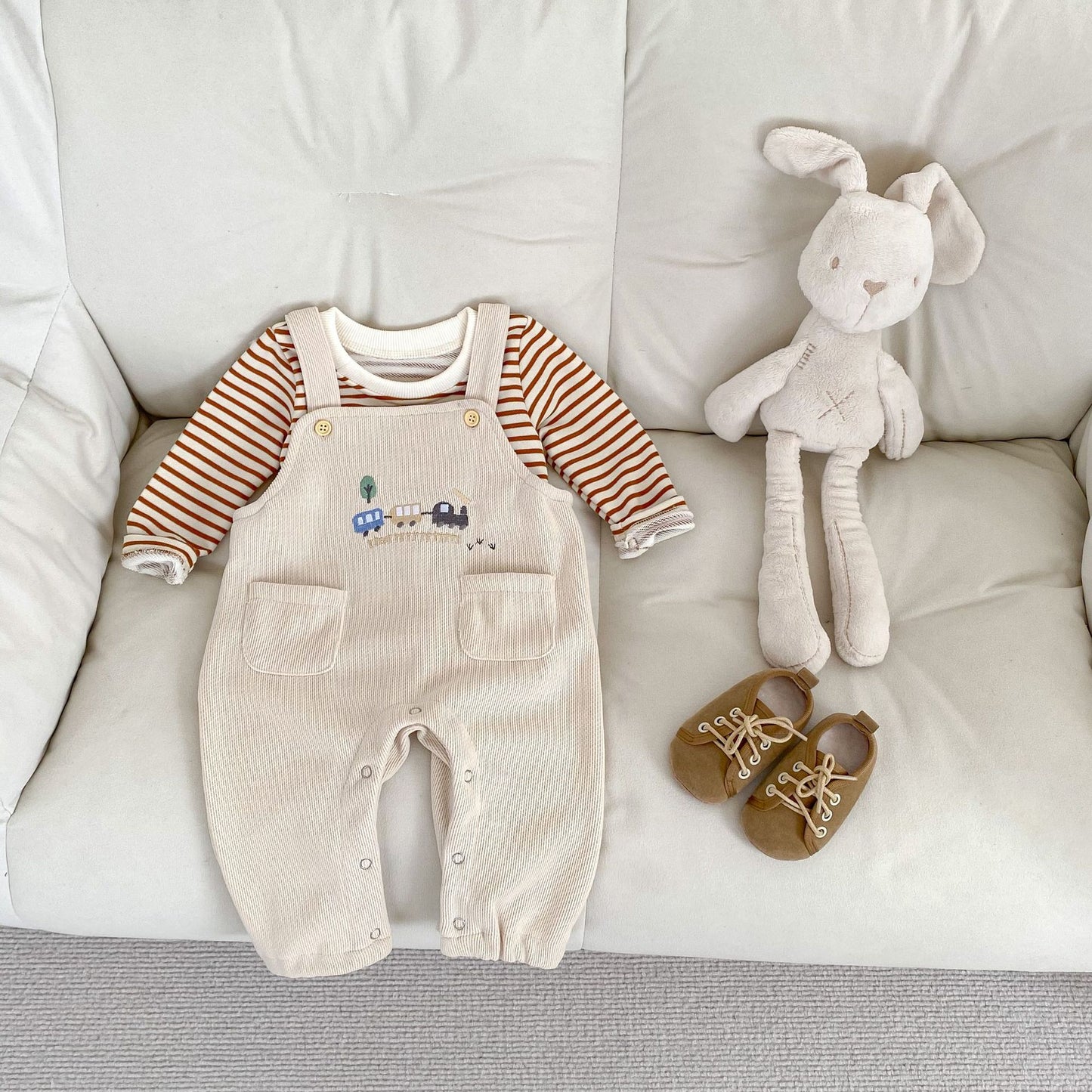 Embroidered Train Design Sleeveless Jumpsuit – Beige