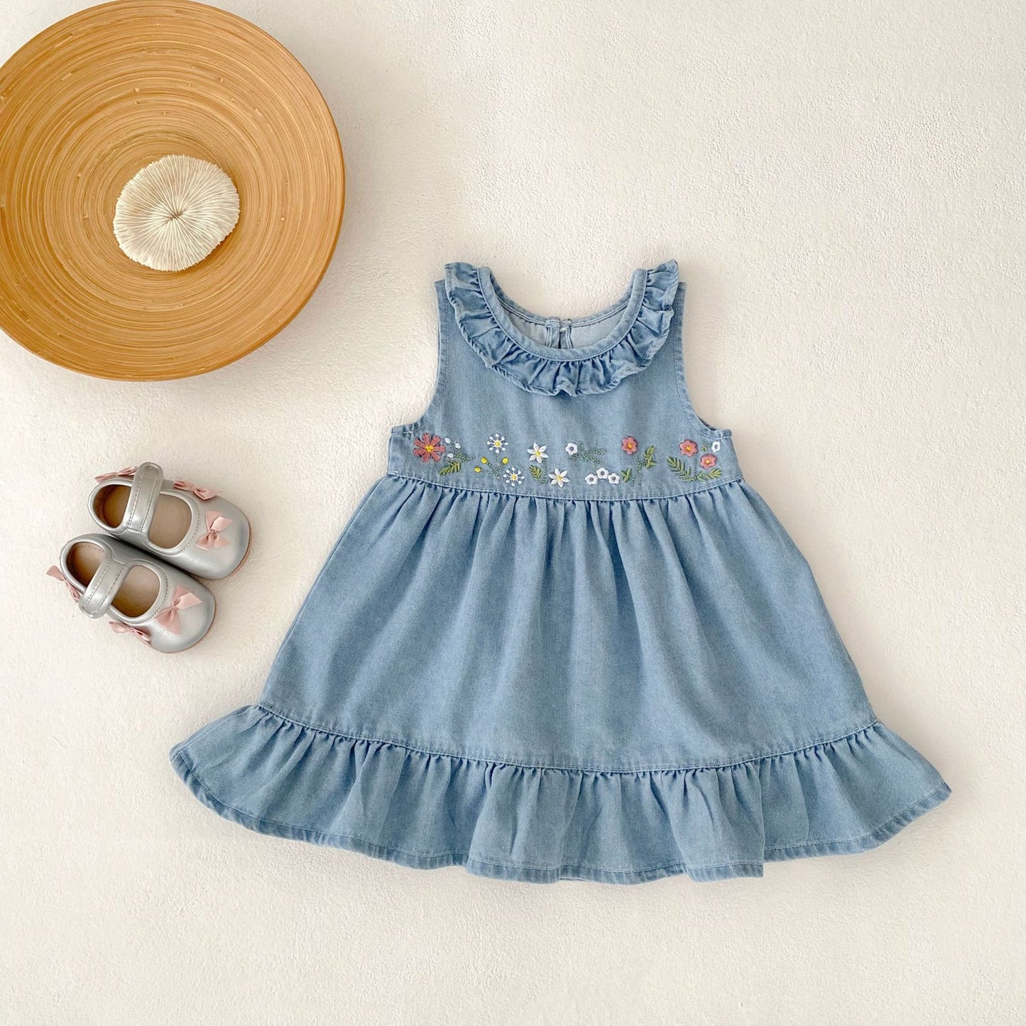 Floral Embroidery & Ruffle Trim Denim Dress - Blue
