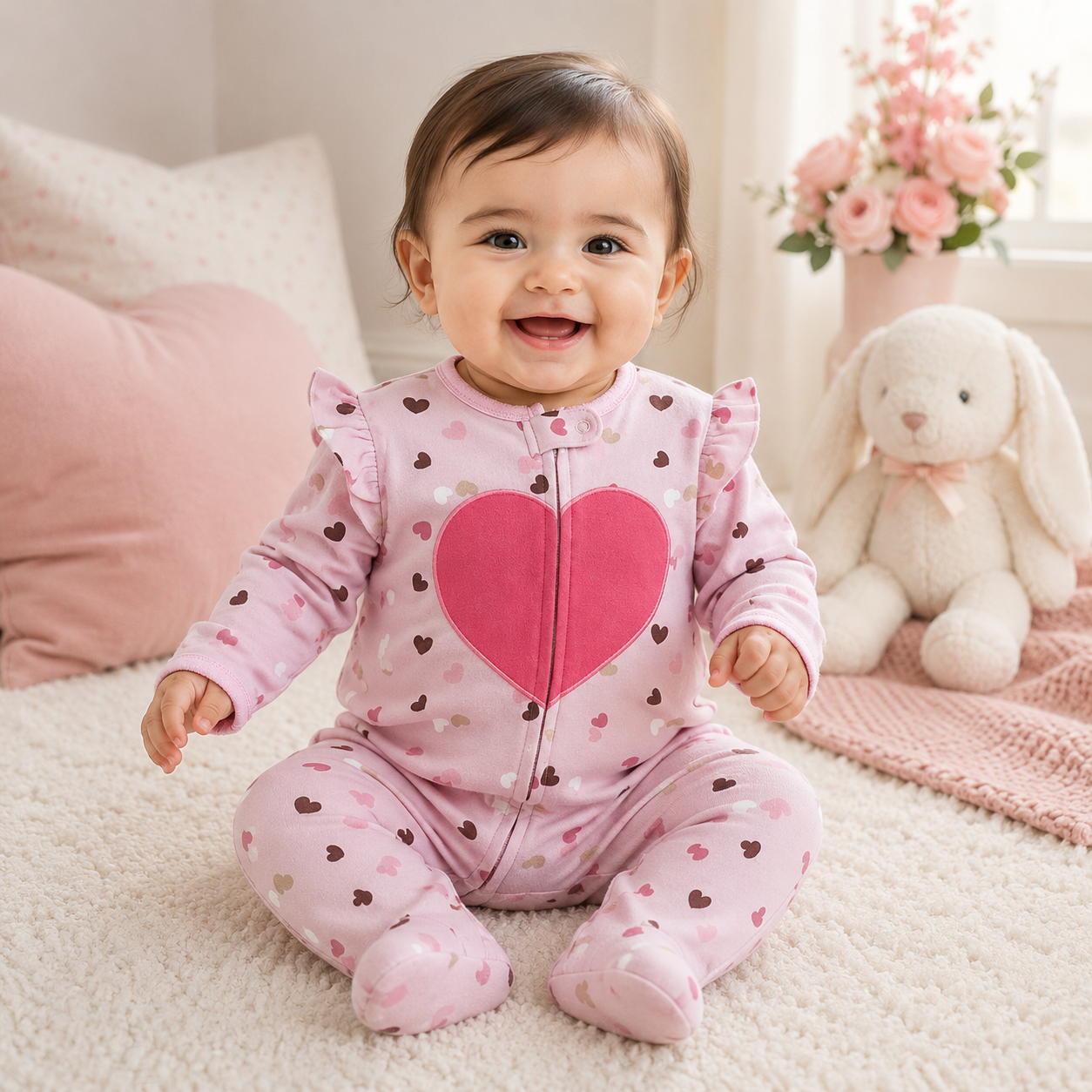 Baby girl wearing a pink heart-print footed romper from Lullaby Threads while sitting in a soft pastel nursery with plush toys and cosy décor.