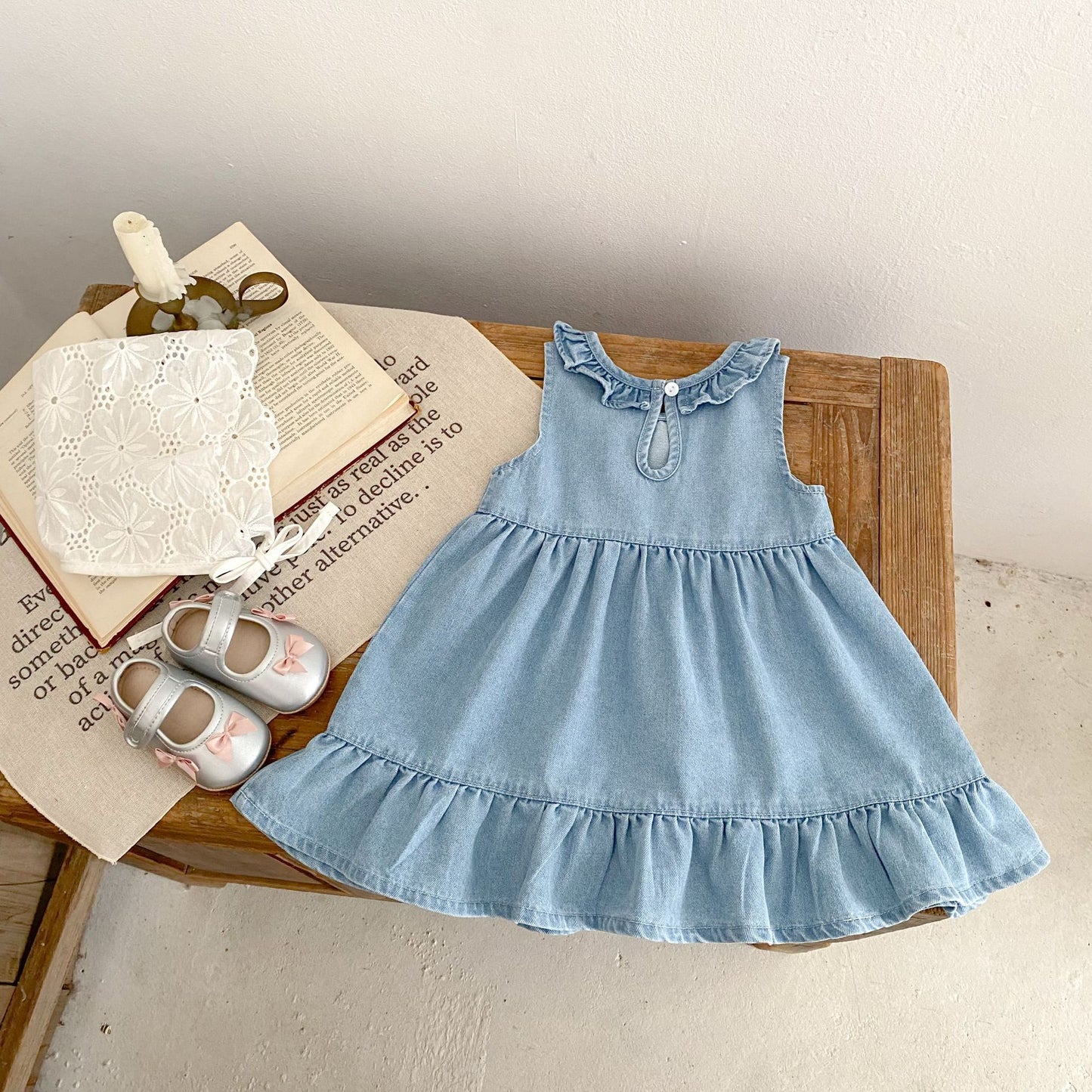 Floral Embroidery & Ruffle Trim Denim Dress - Blue