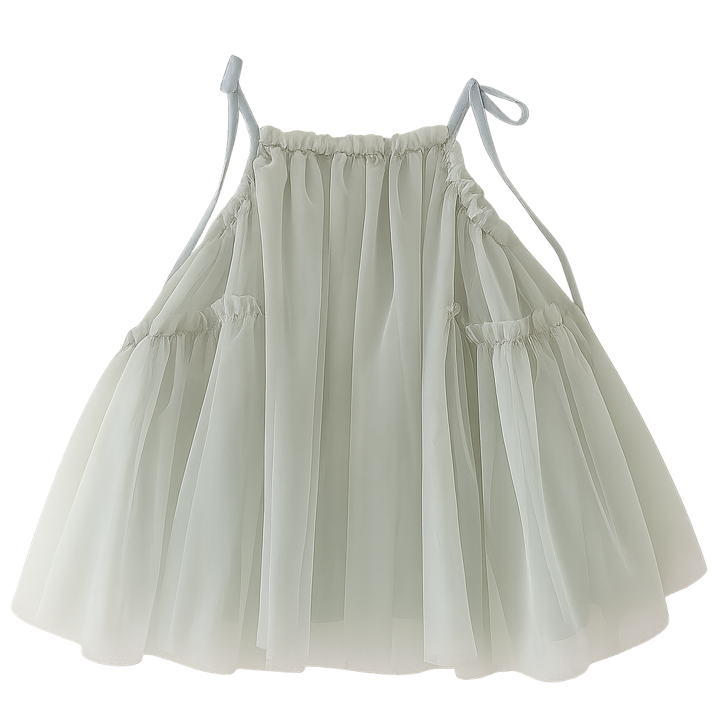 Tulle Party Dress with Ribbon Straps - Green