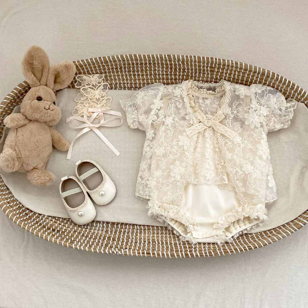 Lace Romper Dress with Ruffle Sleeves & Bow - Apricot