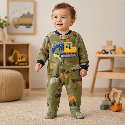 Baby wearing an olive green construction-print polar fleece footed romper with excavator appliqué in a builder-themed playroom from Lullaby Threads.