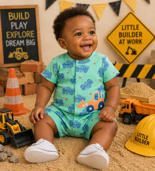 Baby boy wearing mint green construction-themed romper with digger print and truck pattern in a playful construction setup.