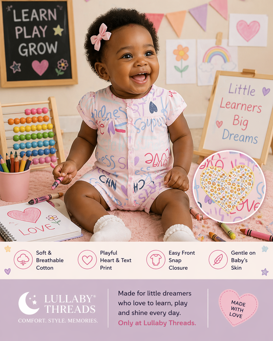 baby girl wearing a blush pink scribble print romper sitting in a playful learning setup with crayons, drawings, and colorful educational toys.