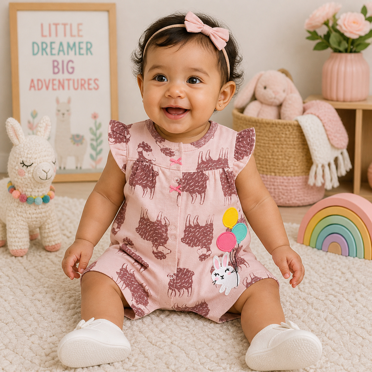 Toddler girl wearing a pink llama print romper with bunny appliqué from Lullaby Threads, sitting in a pastel nursery with soft toys and playful decor.