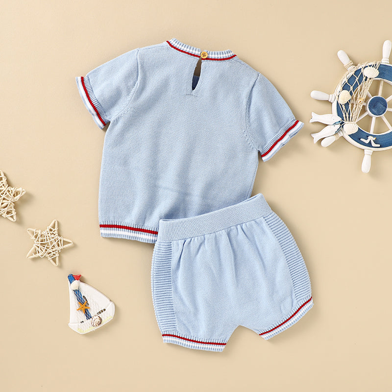 Knitted Blue Boat Print Short Sets - Baby Boy