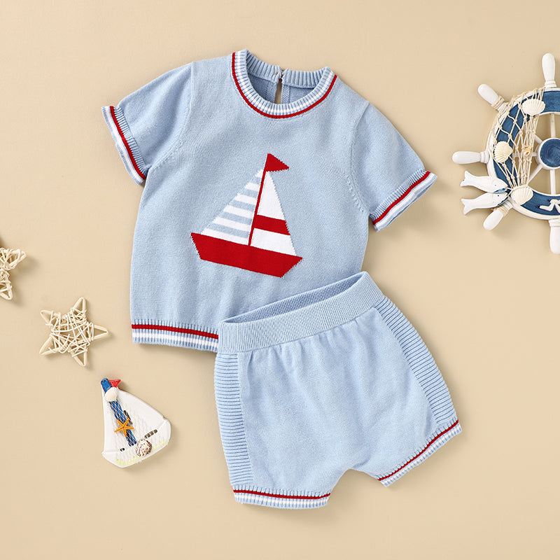 Knitted Blue Boat Print Short Sets - Baby Boy