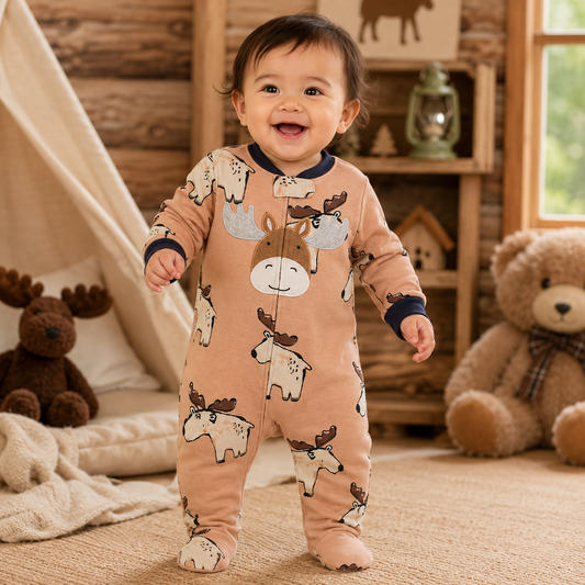 Toddler wearing a beige moose print footed sleeper from Lullaby Threads in a warm woodland nursery setting.