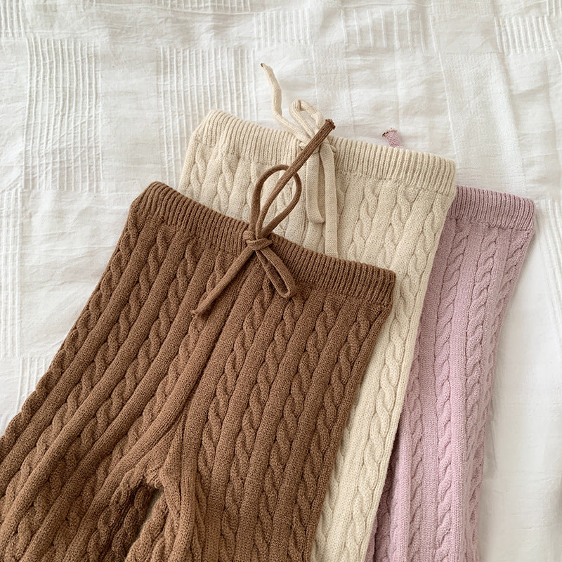 Girl Pants with Drawstring and Cable Knit Print - Coffee