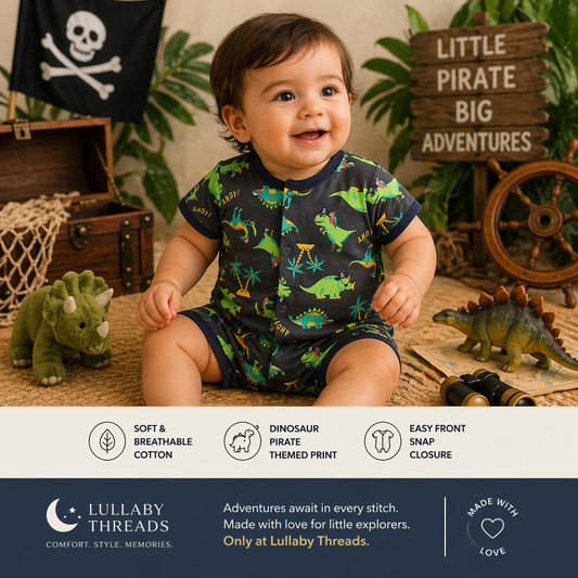 Baby wearing a charcoal pirate dinosaur romper sitting in a playful pirate-themed setup with toys, treasure chest, and jungle elements