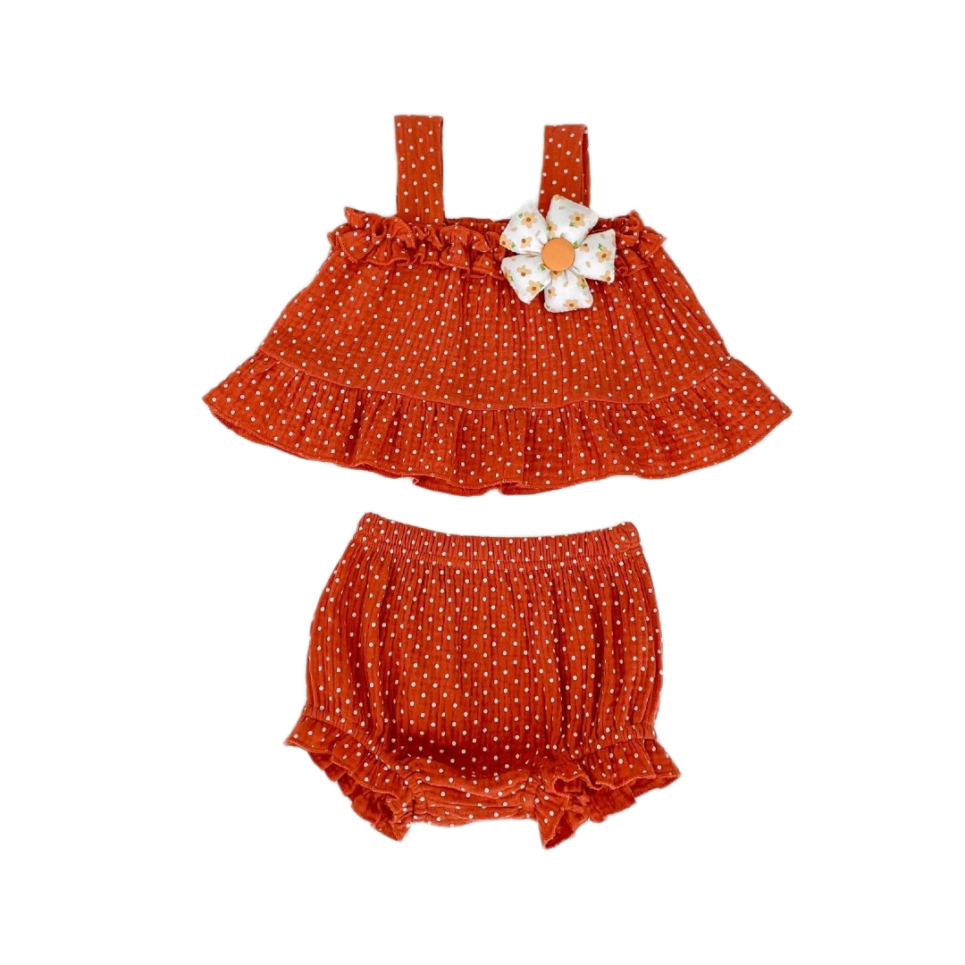 Polka Dot Ruffle Top & Bloomer Set with Bow - Red