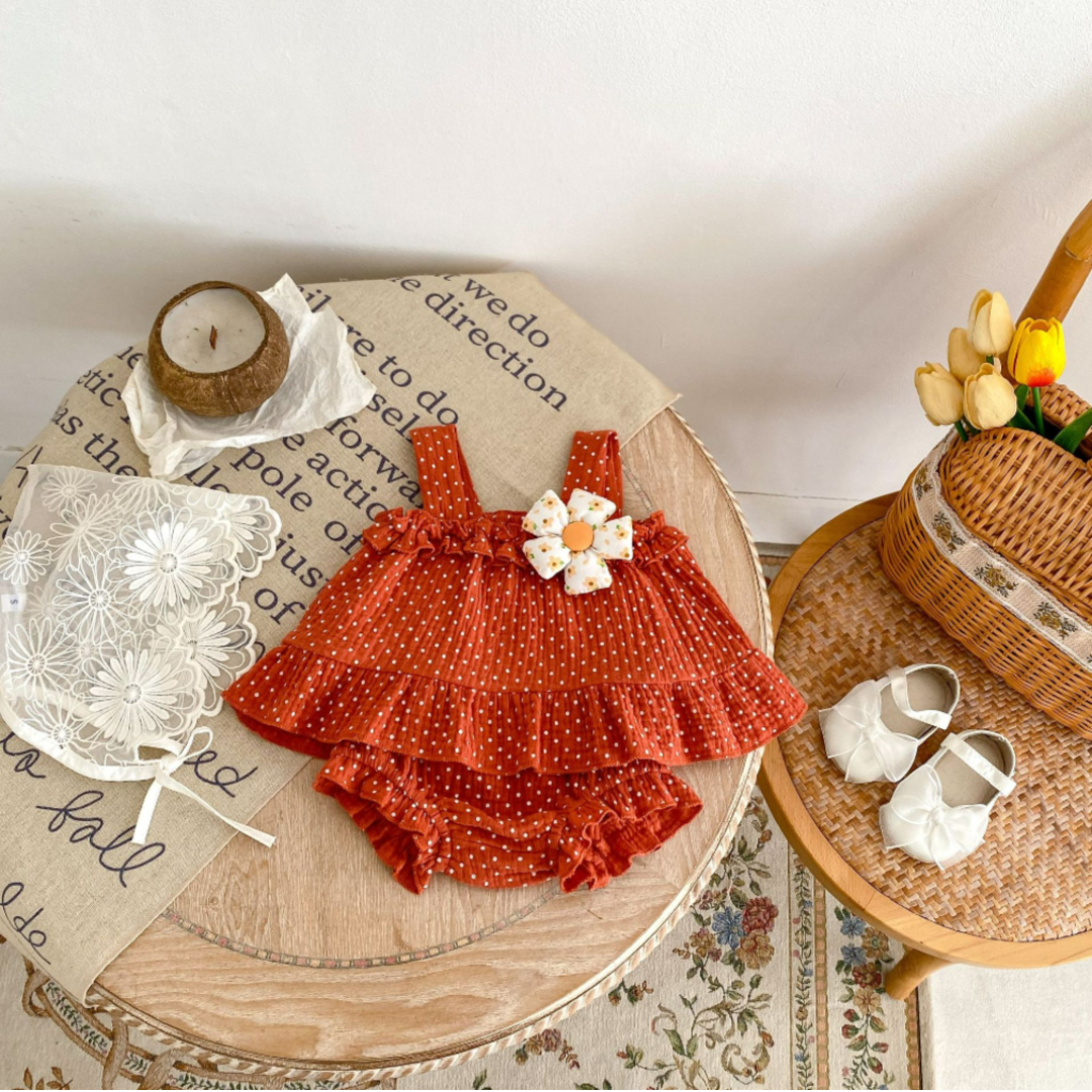 Polka Dot Ruffle Top & Bloomer Set with Bow - Red