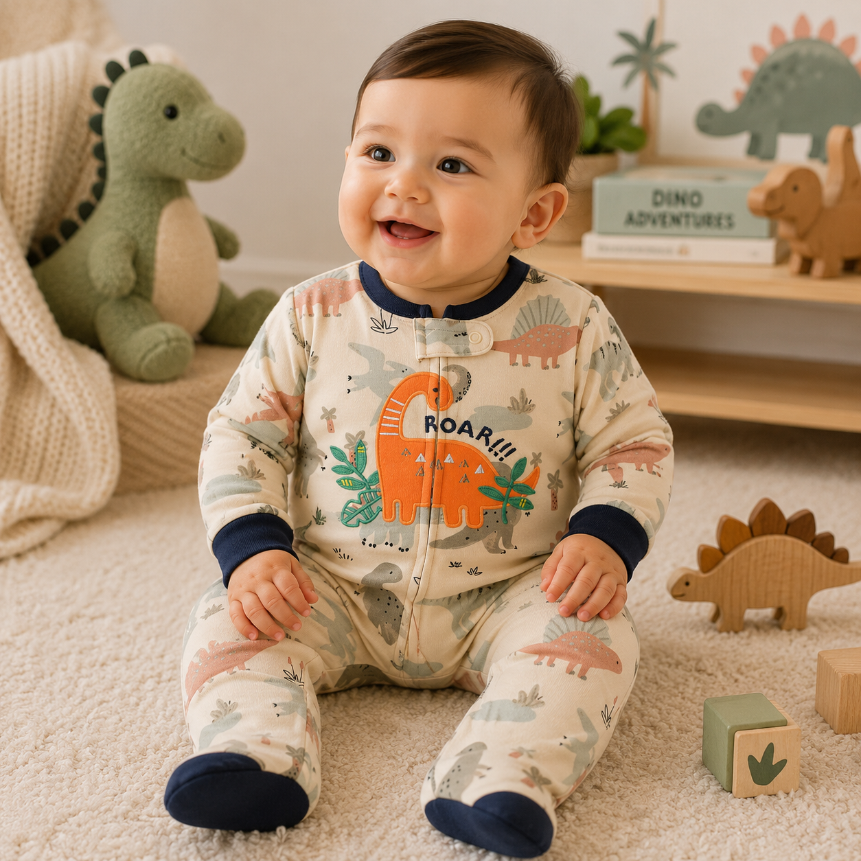 A baby sitting on a cream carpet wearing a long-sleeve footed sleeper with a dinosaur print. The sleeper has a cream base with navy blue trim and an orange dinosaur graphic with the word 'ROAR!!!' on the front.