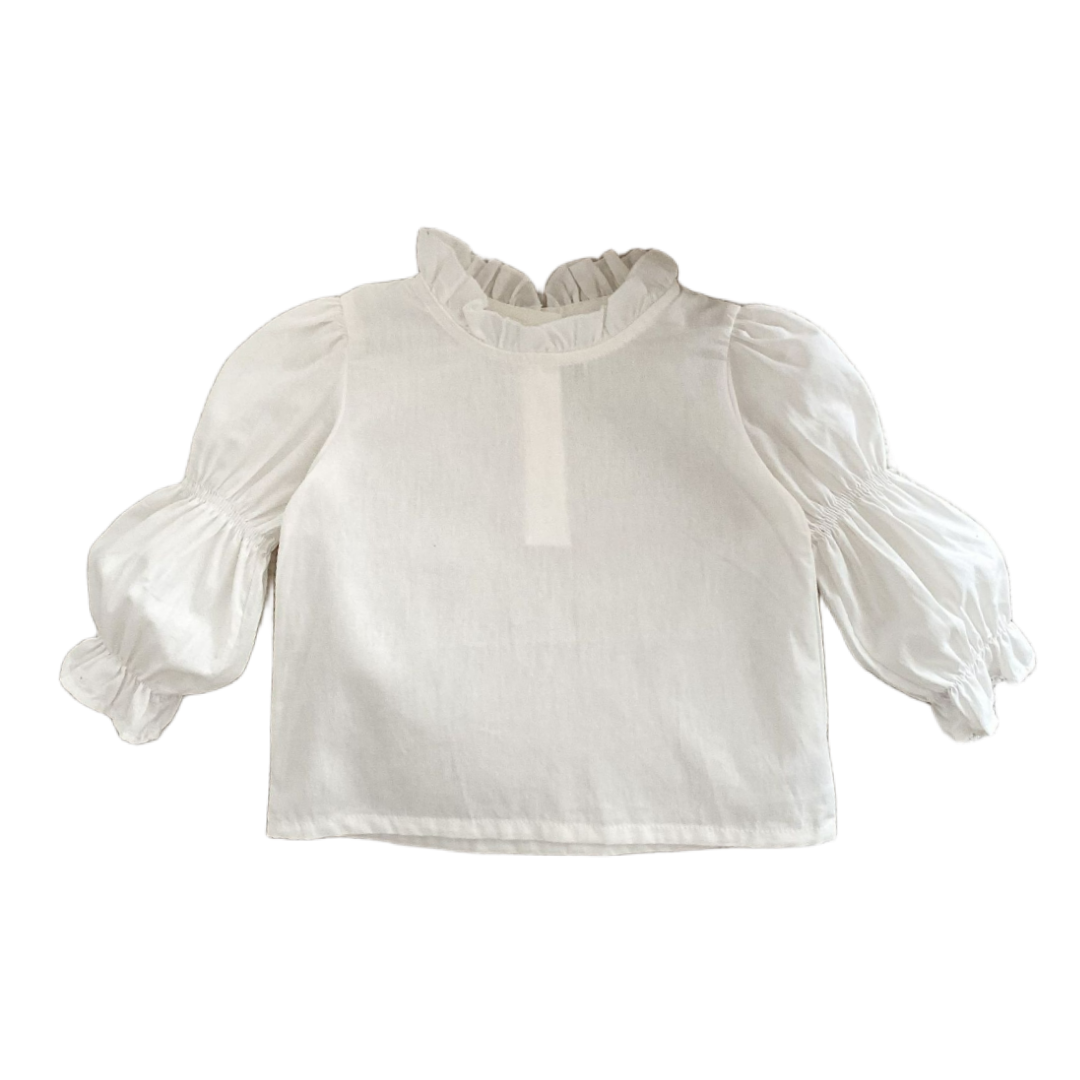 Ruffle Neck Blouse with Puff Sleeves - White