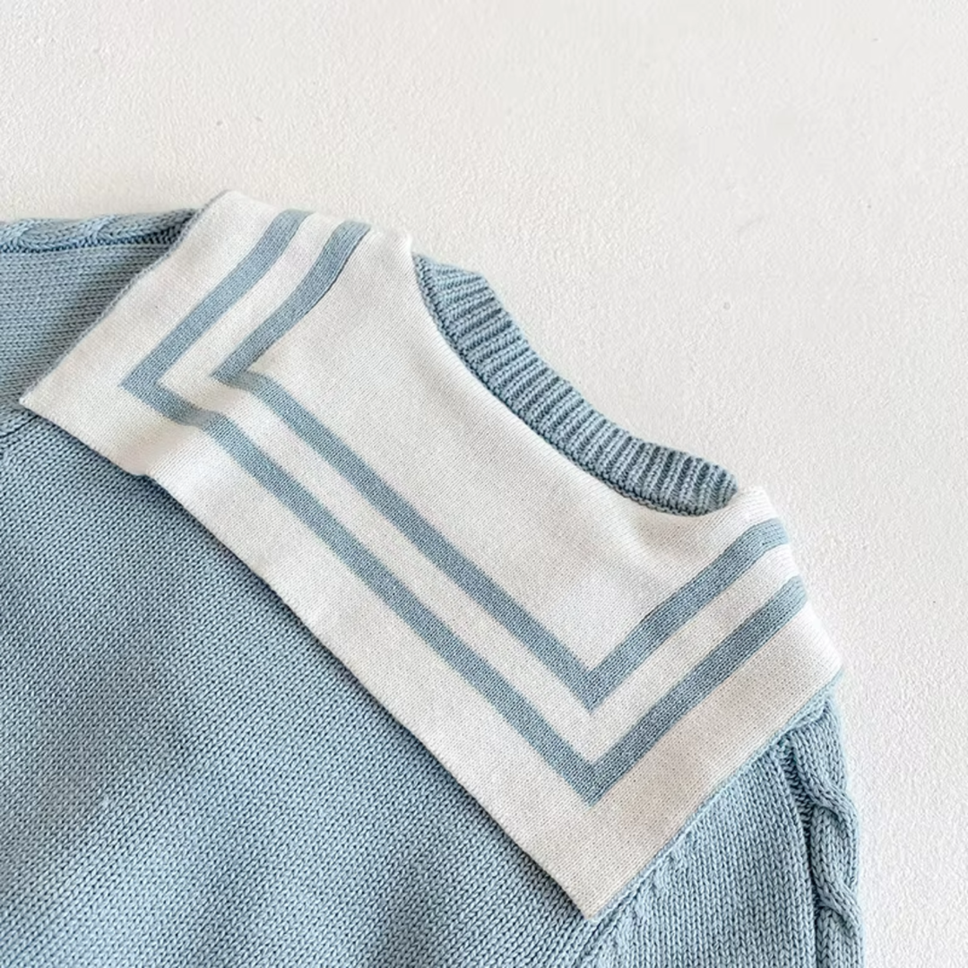 Sailor Knit Romper with Bow Detail - Blue
