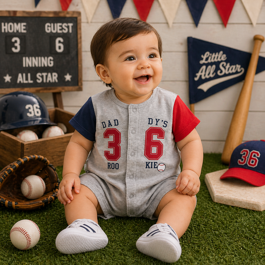 Baby boy wearing a grey sports print romper with “36” design sitting in a baseball-themed setup with bat, balls, and scoreboard.