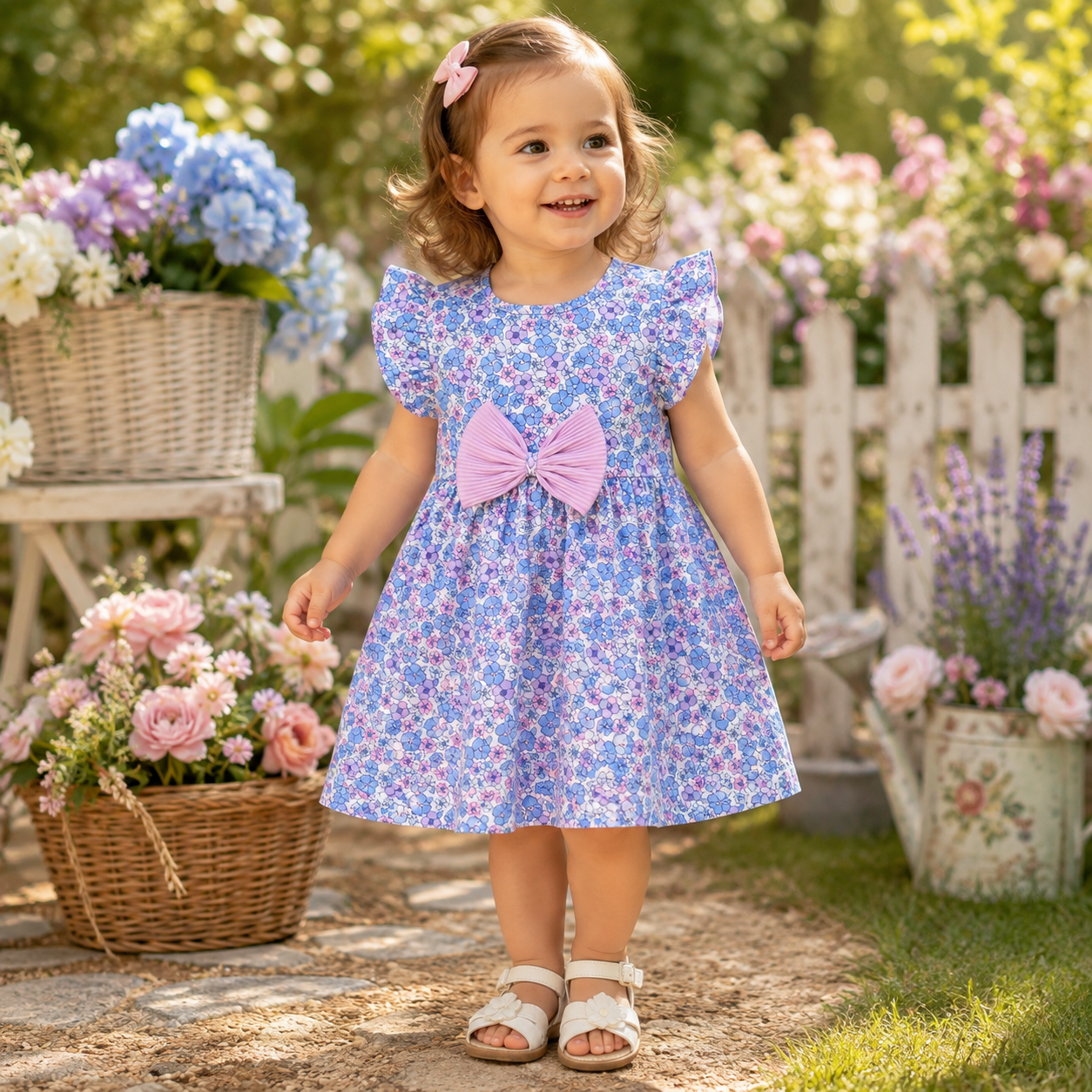 Toddler wearing a blue, lavender and pink floral cotton summer dress with flutter sleeves and a large waist bow in a flower garden from Lullaby Threads.