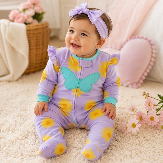 Smiling baby girl wearing a lilac sunflower footed sleeper with a turquoise butterfly appliquรฉ in a soft floral nursery setting from Lullaby Threads.