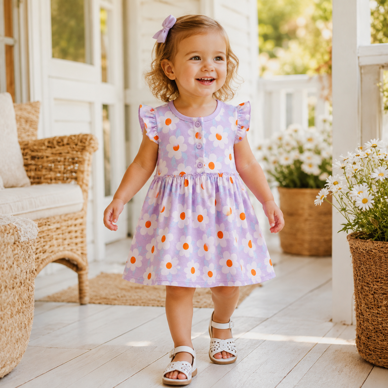 toddler wearing a lilac cotton summer dress with white daisies, orange flower centres, flutter sleeves and button neckline from Lullaby Threads.