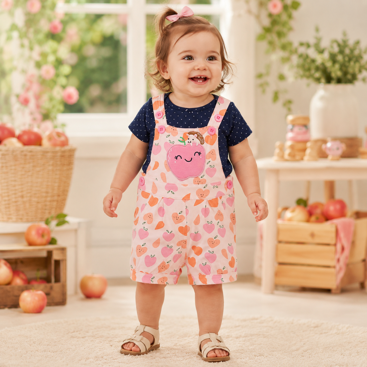 Baby girl wearing a navy polka-dot T-shirt and pink apple-print shortall in a bright orchard-themed playroom from Lullaby Threads.