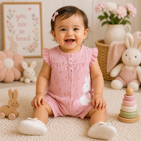 Toddler girl wearing a soft pink Sweet Bunny romper from Lullaby Threads, sitting in a pastel nursery with bunny toys, flowers, and soft decor.
