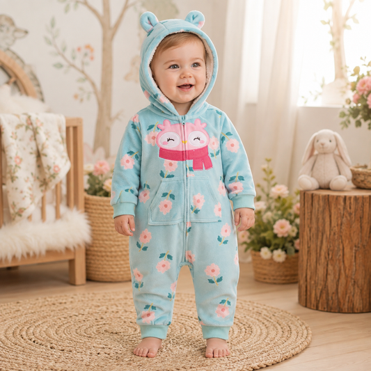 Toddler wearing an aqua floral polar fleece hooded romper with pink owl appliqué, front pockets and little hood ears from Lullaby Threads.