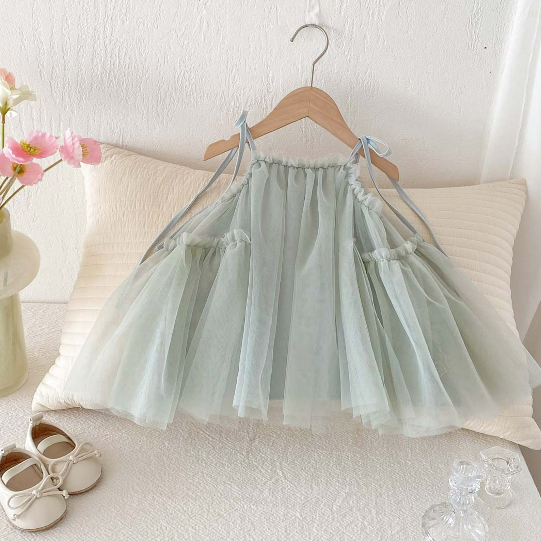 Tulle Party Dress with Ribbon Straps - Green