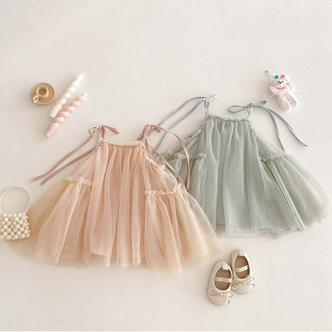 Tulle Party Dress with Ribbon Straps - Green