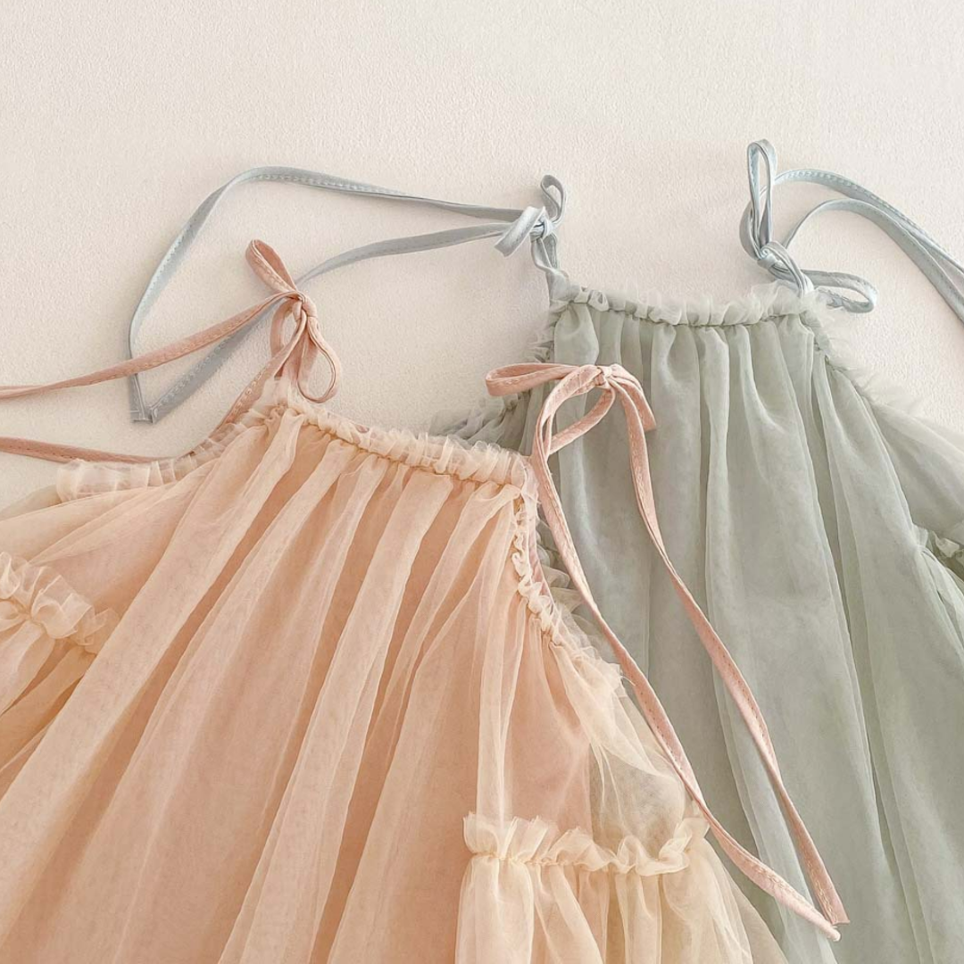 Tulle Party Dress with Ribbon Straps - Green